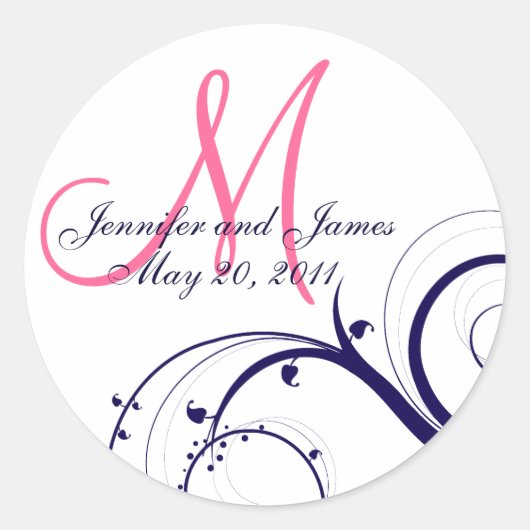 Elegante Navy Roze Swirl Monogram Bruiloft Seal Ronde Sticker (Voorkant)