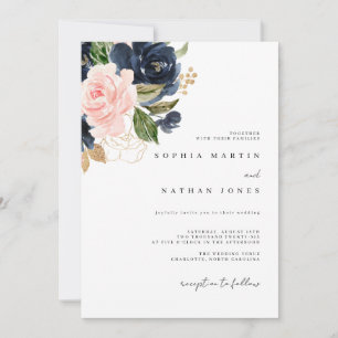 Elegante Navy Roze Waterverf Bloemen Huwelijk Kaart
