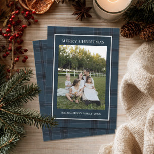 Elegante Navy Schotse Ruit Familie Foto Kerstmis Feestdagenkaart