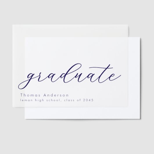 Elegante Navy Script Custom Afstuderen Overlay Vellum Uitnodigingen (Offset)