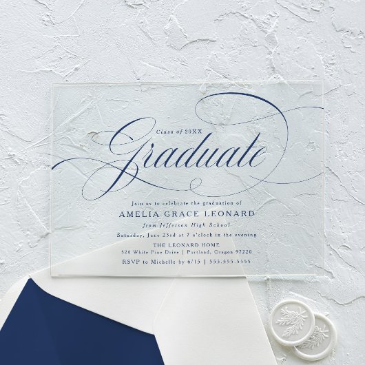 Elegante Navy Script Graduation Party Acryl Uitnodigingen