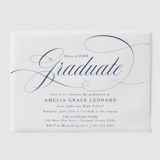 Elegante Navy Script Graduation Party Vellum Uitnodigingen (Voorkant)