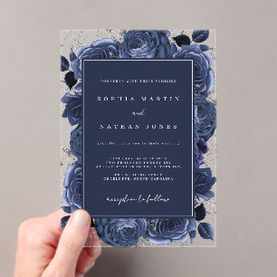 Elegante Navy Silver Roos Clear Wedding Acryl Uitnodigingen