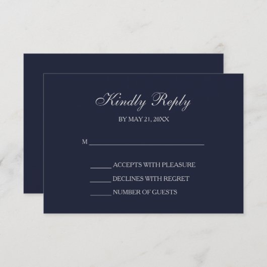 Elegante Navy & Silver Script RSVP-kaarten RSVP Kaartje (Voorkant / Achterkant)
