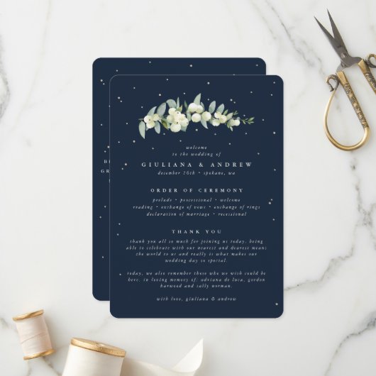 Elegante Navy Sneeuwbes+Eucalyptus Steel Huwelijk Programmakaart (Voorkant / Achterkant in situ)