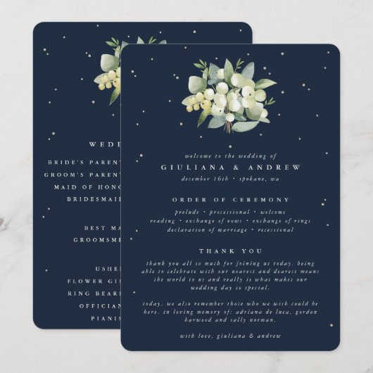 Elegante Navy Snowberry + Eucalyptus Boeket Bruilo Programmakaart (Voorkant / Achterkant)