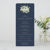 Elegante Navy Snowberry + Eucalyptus Boeket Bruilo Programmakaart (Staand voorkant)