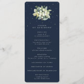 Elegante Navy Snowberry + Eucalyptus Boeket Bruilo Programmakaart (Voorkant)