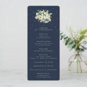 Elegante Navy Snowberry + Eucalyptus Boeket Bruilo Programmakaart (Staand voorkant)
