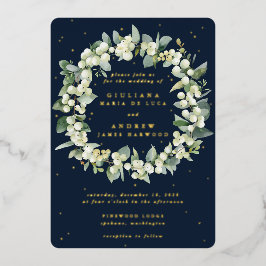 Elegante Navy Snowberry + Eucalyptus krans bruilof Folie Uitnodiging