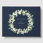 Elegante Navy Snowberry + Eucalyptus krans bruilof Gastenboek (Voorkant)