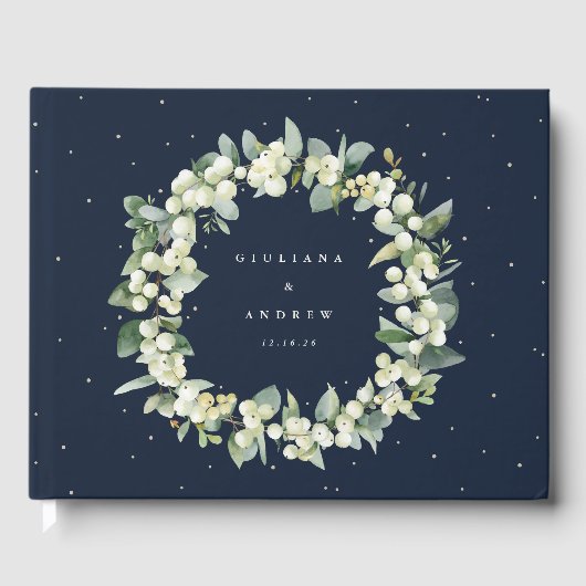Elegante Navy Snowberry + Eucalyptus krans bruilof Gastenboek (Voorkant)