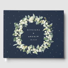 Elegante Navy Snowberry + Eucalyptus krans bruilof Gastenboek
