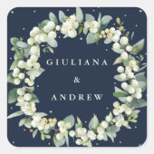 Elegante Navy Snowberry + Eucalyptus krans bruilof Vierkante Sticker (Voorkant)
