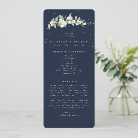 Elegante Navy Snowberry + Eucalyptus Stem Bruiloft Programmakaart (Staand voorkant)