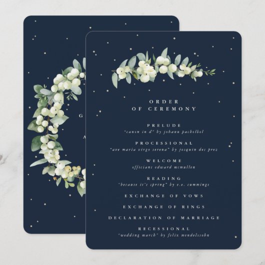 Elegante Navy Snowberry + Eucalyptus Stem Bruiloft Programmakaart (Voorkant / Achterkant)
