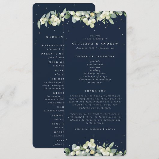 Elegante Navy Snowberry + Eucalyptus Winter Bruilo Programmakaart (Voorkant / Achterkant)