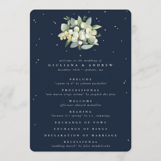 Elegante Navy Snowberry + Eucalyptus Winter Bruilo Programmakaart (Voorkant)