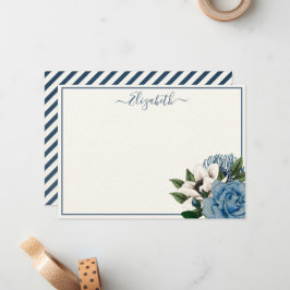 Elegante Navy & Stofblauw Bloemige Gepersonaliseer Notitiekaartje