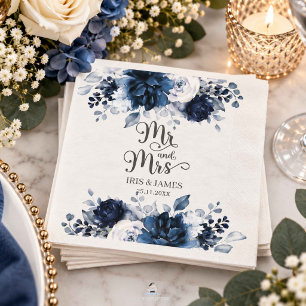 Elegante Navy Stofblauw Bloemige Trouw Mr & Mevrou Servet