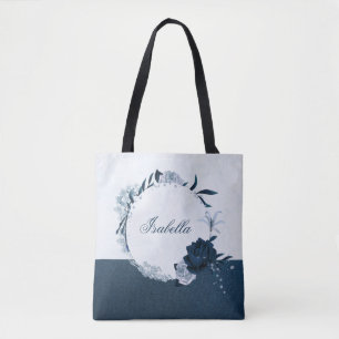 Elegante navy & stoffige blauwe bloemenkrans  tote bag