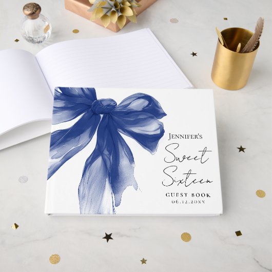 Elegante Navy Strik Dasje Script Sweet 16 Gastenboek (Voorkant open)