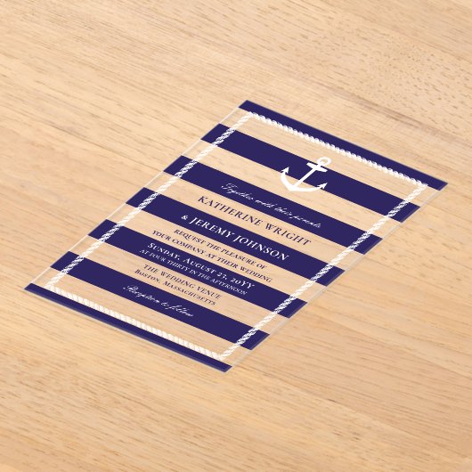 Elegante Navy Stripes Anker Nautische Huwelijk Acryl Uitnodigingen (Laagn)