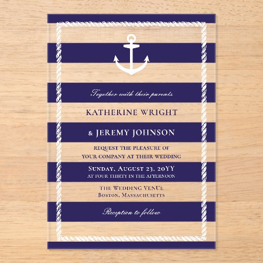 Elegante Navy Stripes Anker Nautische Huwelijk Acryl Uitnodigingen (Voorkant)