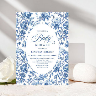 Elegante Navy Toile de Jouy Roze Baby Shower Uitno Kaart