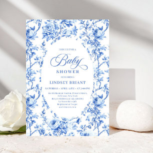 Elegante Navy Toile de Jouy Roze Baby Shower Uitno Kaart