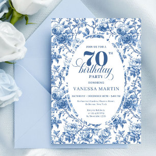 Elegante navy toile rozen zeventigste verjaardagsf kaart