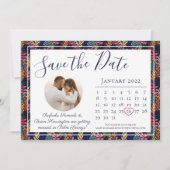 Elegante Navy Tropisch Blad Strand Bruiloft Kalend Save The Date (Voorkant)