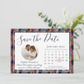 Elegante Navy Tropisch Blad Strand Bruiloft Kalend Save The Date (Staand voorkant)