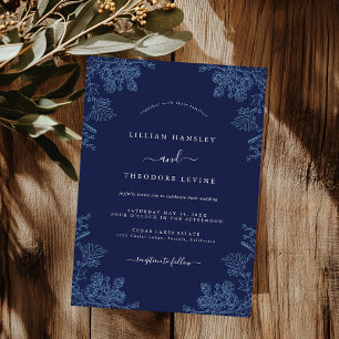 Elegante Navy Vintage Bloemachtige Trouw Kaart