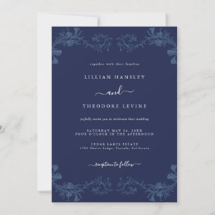 Elegante Navy Vintage Bloemige Blad Bruiloft   Kaart