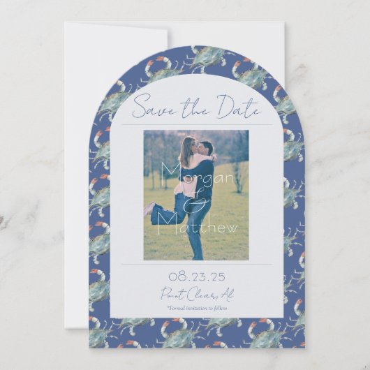 Elegante Navy Waterverf Crab Wedding Save the Date Kaart (Voorkant)