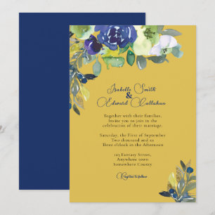 Elegante Navy Waterverf Floral Mosterd Bruiloft Kaart