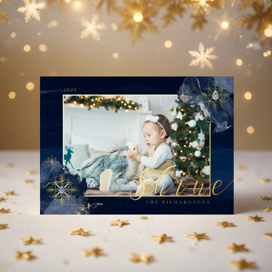 Elegante Navy Waterverf Inkt & Gouden Jewel Foto Folie Feestdagenkaart