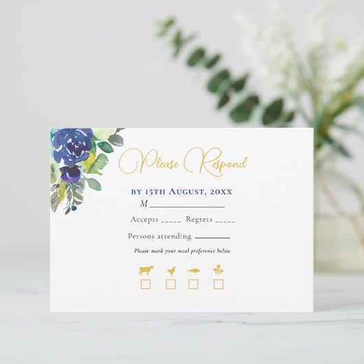 Elegante Navy Waterverf Rozen Geel Goud Bruiloft RSVP Kaartje (Staand voorkant)