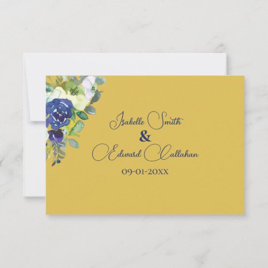 Elegante Navy Waterverf Rozen Geel Goud Bruiloft RSVP Kaartje (Achterkant)
