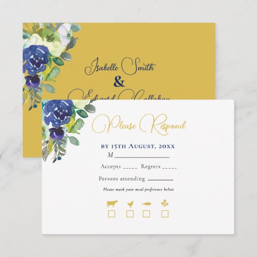 Elegante Navy Waterverf Rozen Geel Goud Bruiloft RSVP Kaartje (Voorkant / Achterkant)