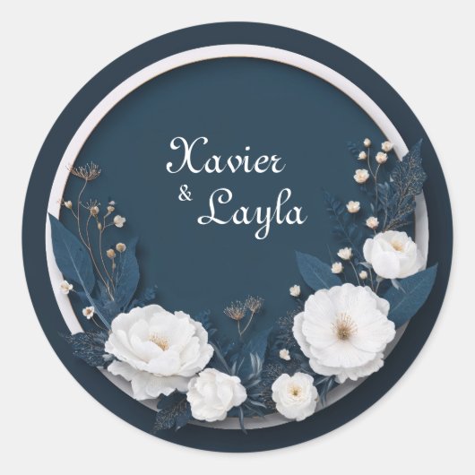 Elegante Navy & White Bloom Round Wedding Sticker (Voorkant)