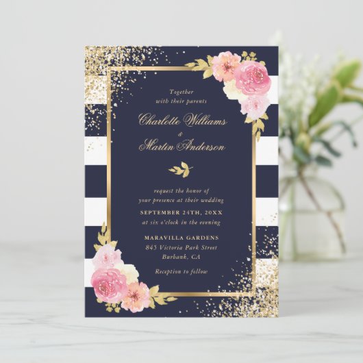 Elegante Navy White Gold Blush Roze Bloemen Huweli Kaart (Staand voorkant)