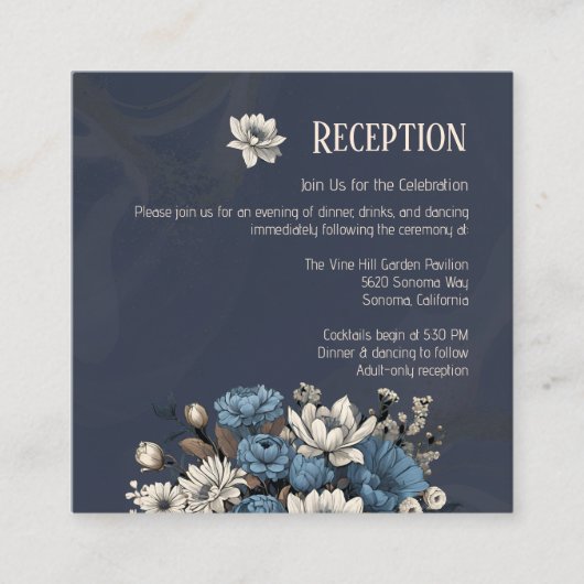 Elegante Navy Wildflower bruiloft receptie Informatiekaartje (Voorkant)