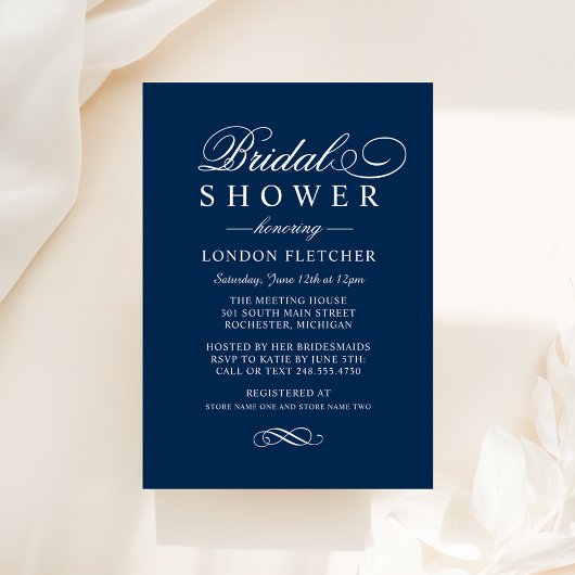 Elegante Navy-Wit Calligrafie Bruidsfeest Kaart