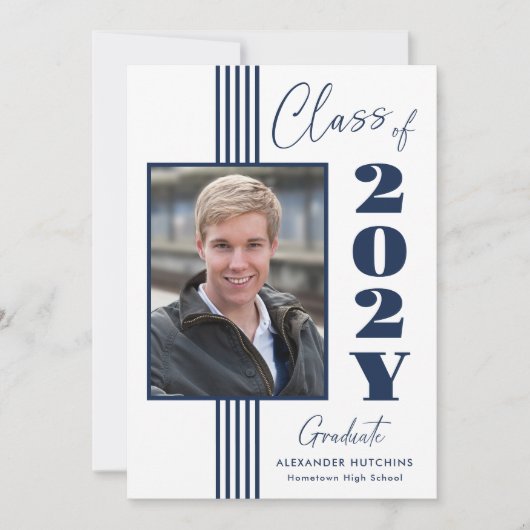 Elegante Navy Wit Fotolijst 2025 Afstuderen Aankondiging (Voorkant)