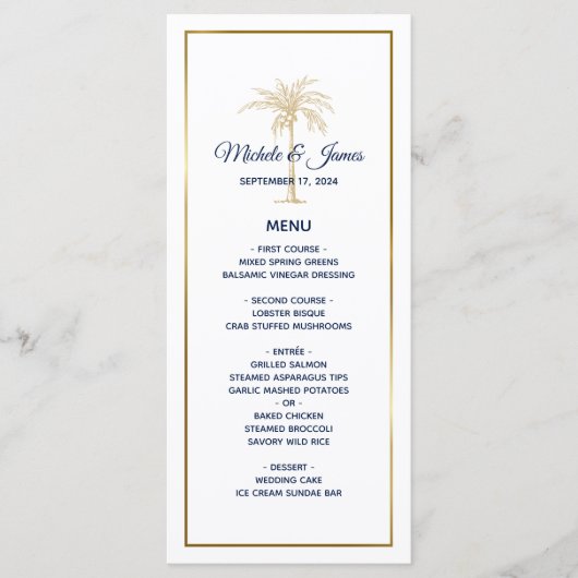 Elegante Navy Wit Gouden Palmboom Moderne Trouw Menu (Voorkant)