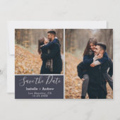 Elegante Navy Zilveren Fotocollage Save the Date (Voorkant)