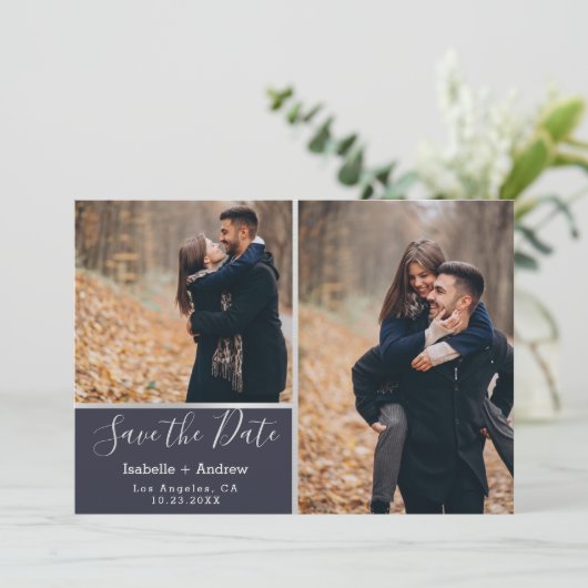 Elegante Navy Zilveren Fotocollage Save the Date (Staand voorkant)