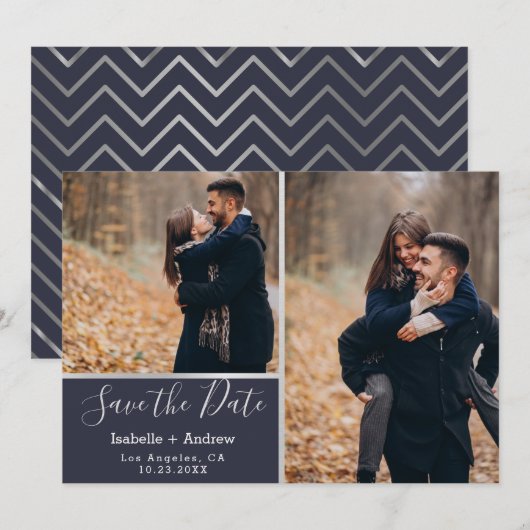 Elegante Navy Zilveren Fotocollage Save the Date (Voorkant / Achterkant)